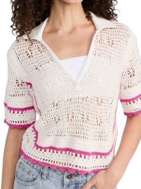 Saylor Crochet Top Small Boho Cottagecore Festival Lace Collared 100% Cotton